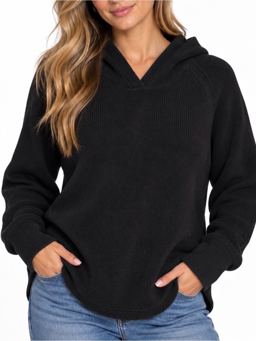 Lauren Ralph Lauren Black waffle knit Knit Hooded V-Neck Pullover Sweatshirt LG